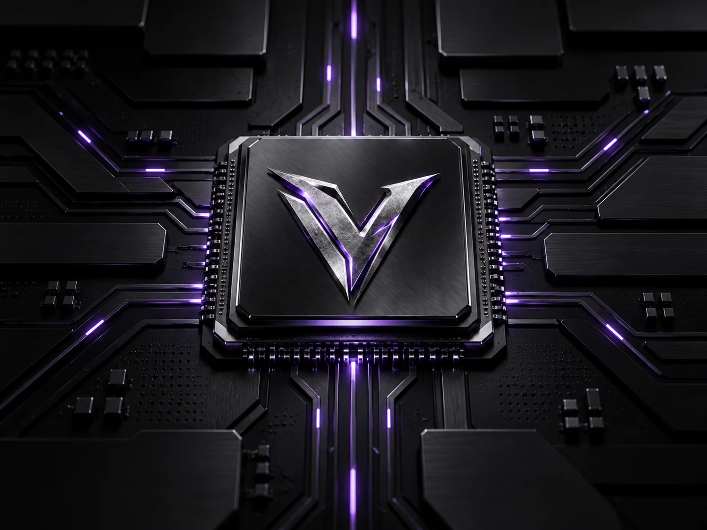 Abstraktes Vayro-Performance-Design: schwarzer Chip mit metallischem Vayro-Emblem und violetten Signalbahnen